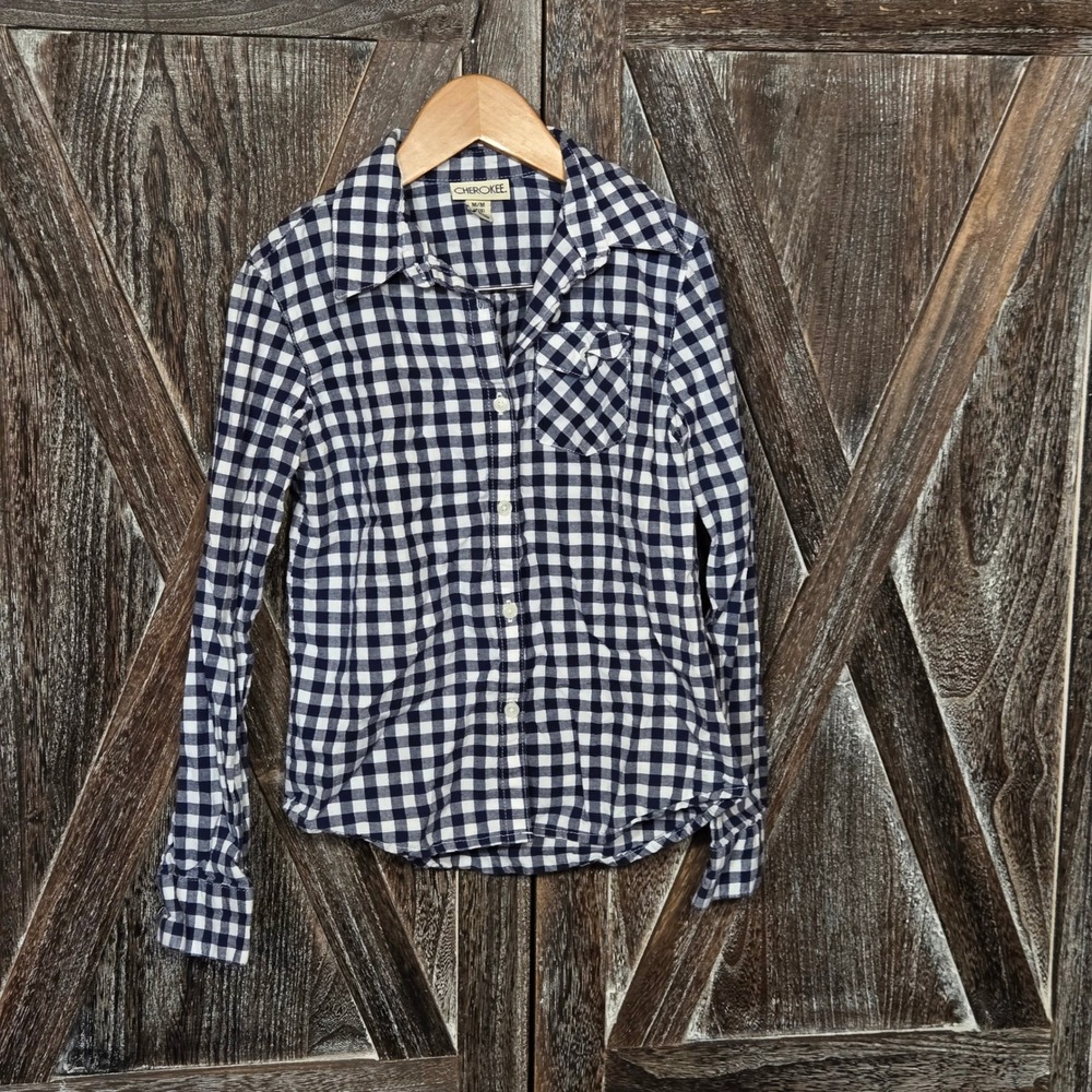 Cherokee Kids Girls Gingham Button Up Shirt Long Sleeve Size M/M 7‎ 8 Navy White
